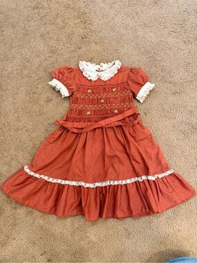 Vintage 1970s Smocked Girls Dress with Lace Collar - Rust Red